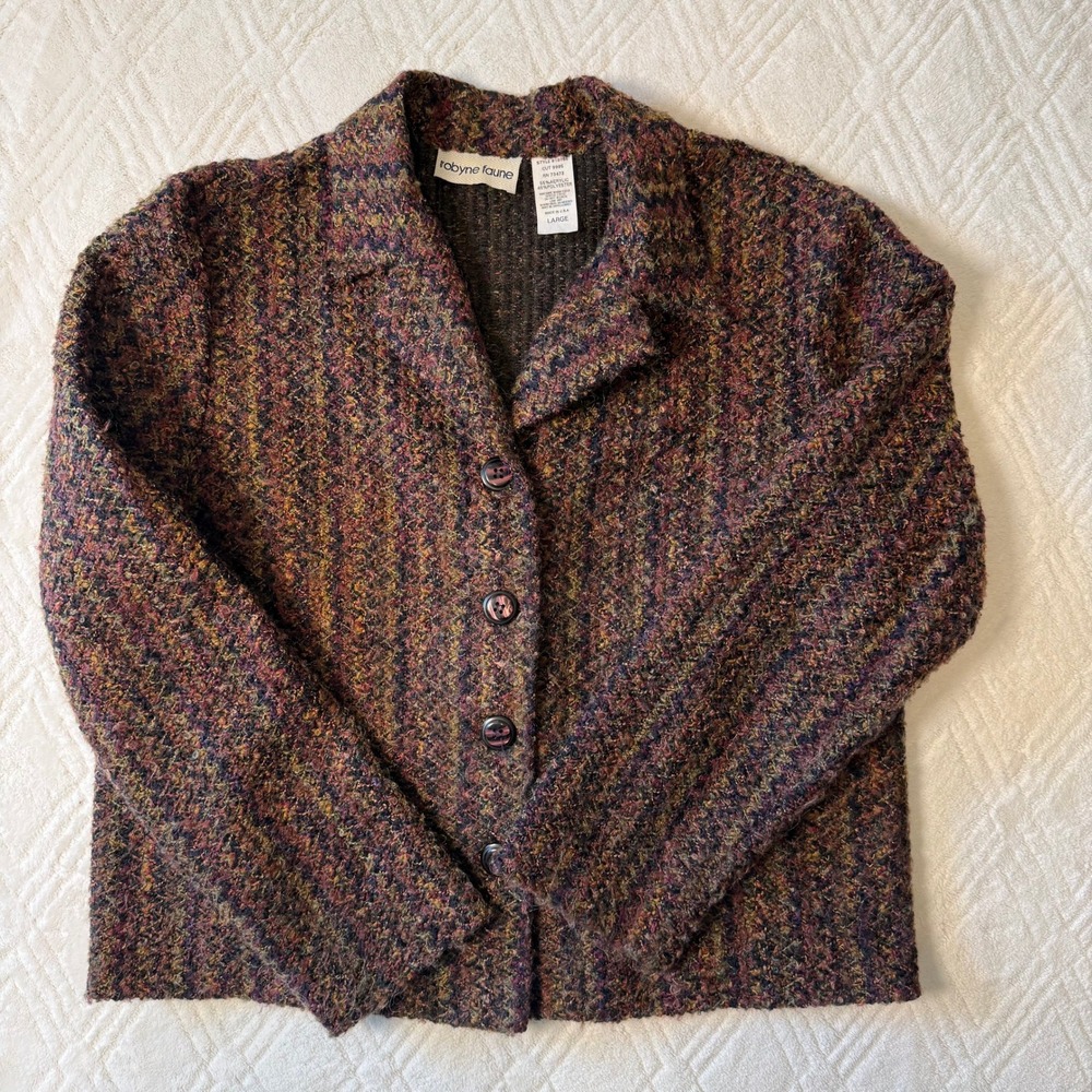 Vintage Boho Robyne Faune Multicolor Boucle Knit Blazer Jacket Women L USA